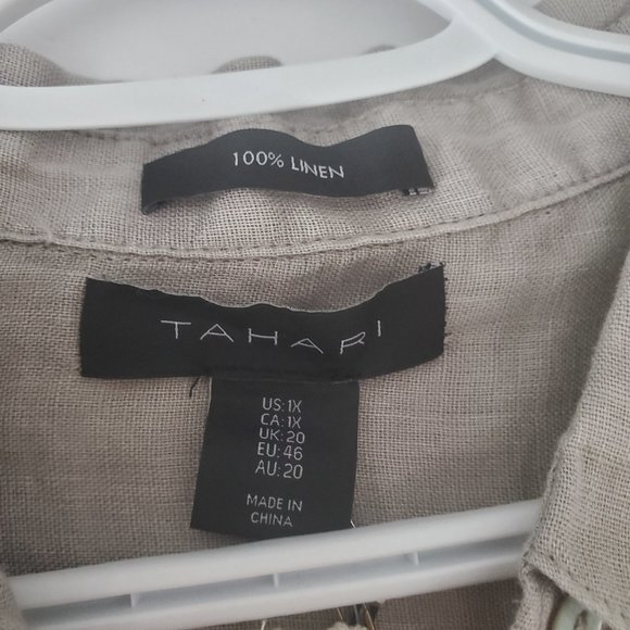 New TAHARI 100% Linen Blouse Women's Plus Size 1X Ruffle Neutral Flowy Loose Fit - Picture 9 of 10